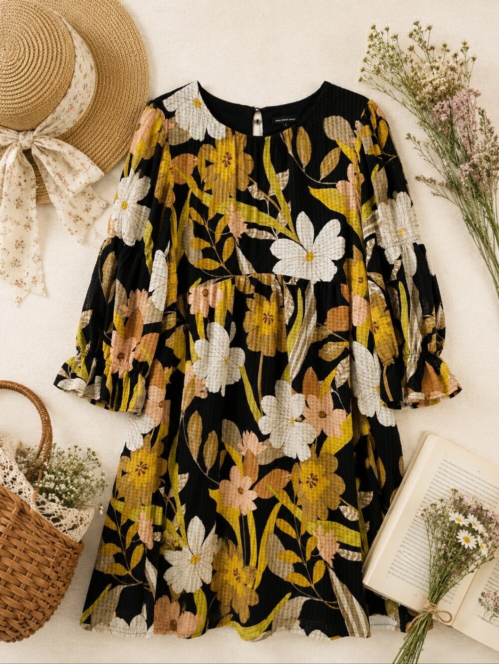 Who What Wear NWOT Babydoll Yellow Pink Black Floral Boho Floral Dress. SMALL